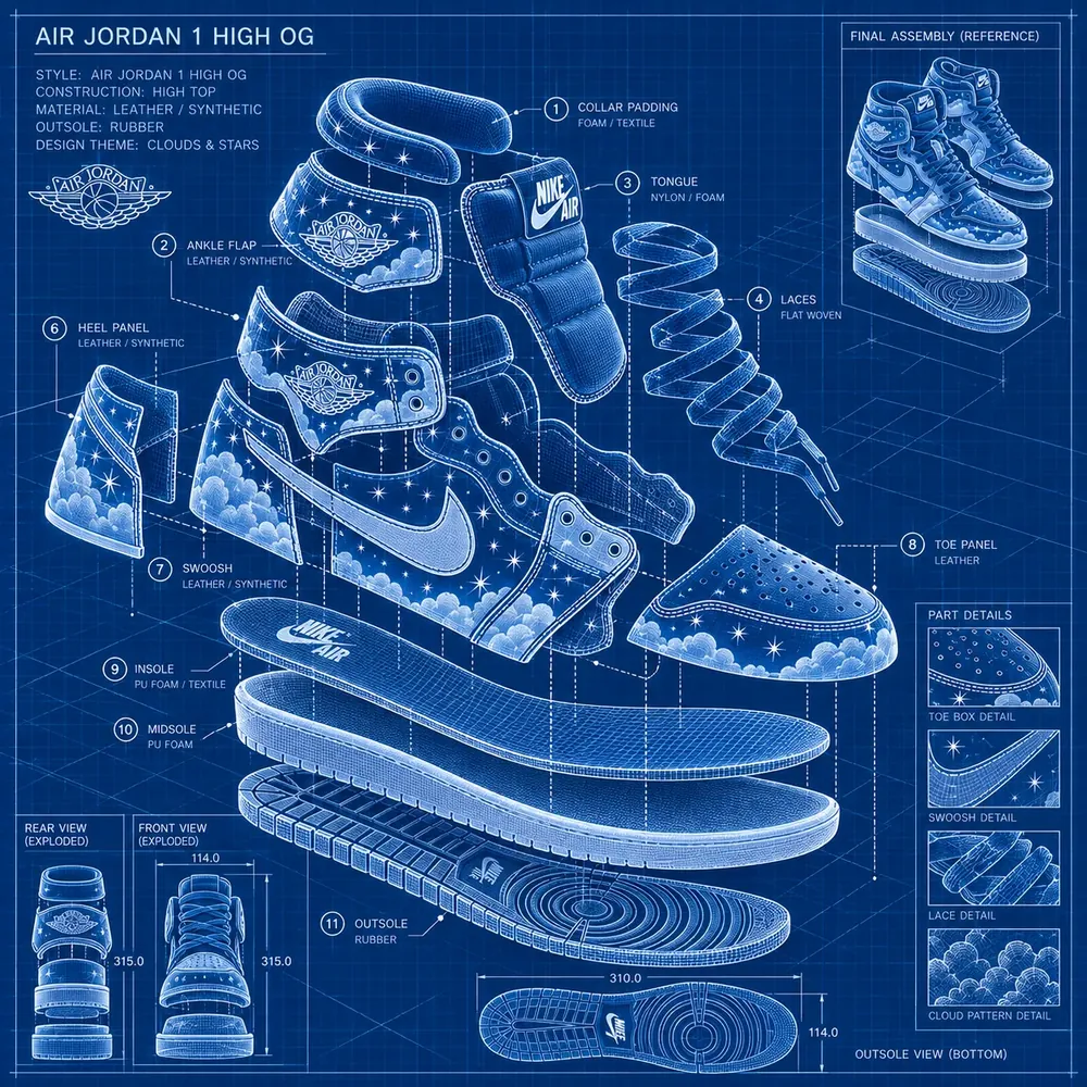 Blueprint of the shoe pulled apart: collar padding, ankle flap, tongue, laces, heel panel, swoosh, toe panel, insole, midsole and outsole, each with its clouds and stars