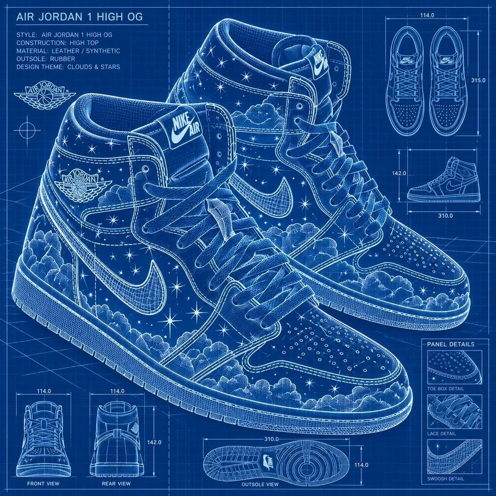 Blueprint of the assembled pair, with front, rear, side and outsole views and their dimensions