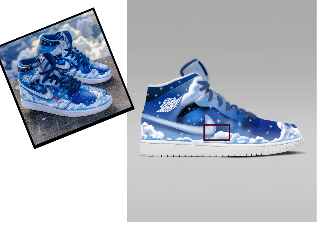 The studio's first concept: the AI picture beside a drawing of the design on a real Jordan 1, the swoosh and clouds marked in red